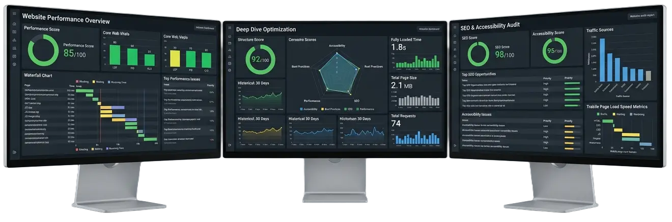 Three dashboard monitors displaying website audit analytics